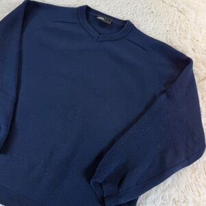 GoLite Men's Large Navy Blue V-Neck Merino Wool Sweater‎ Textured Knit Cozy